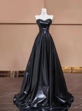 Ndyad Black Sweetheart Neck A-Line Satin Long Prom Dresses Formal Evening Gowns HZ1024