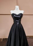 Ndyad Black Sweetheart Neck A-Line Satin Long Prom Dresses Formal Evening Gowns HZ1024