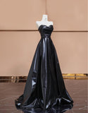 Ndyad Black Sweetheart Neck A-Line Satin Long Prom Dresses Formal Evening Gowns HZ1024