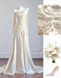 Ndyad Champagne Spaghetti Straps Mermaid Long Prom Dresses Sweet 16 Dress HZ1024