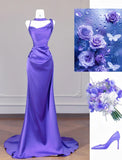 Ndyad Purple Strap Mermaid Satin Backless Long Prom Dresses Formal Evening Gowns HZ1024