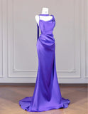 Ndyad Purple Strap Mermaid Satin Backless Long Prom Dresses Formal Evening Gowns HZ1024