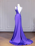 Ndyad Purple Strap Mermaid Satin Backless Long Prom Dresses Formal Evening Gowns HZ1024