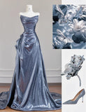 Ndyad Black Grey V-neck A-line Long Prom Dresses Formal Evening Gowns With Pleats HZ1024