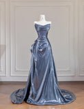 Ndyad Black Grey V-neck A-line Long Prom Dresses Formal Evening Gowns With Pleats HZ1024