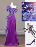 Ndyad Purple One Shoulder Mermaid Satin Bow Long Prom Dresses Sweet Evening Gowns HZ1024