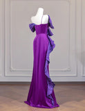 Ndyad Purple One Shoulder Mermaid Satin Bow Long Prom Dresses Sweet Evening Gowns HZ1024