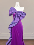 Ndyad Purple One Shoulder Mermaid Satin Bow Long Prom Dresses Sweet Evening Gowns HZ1024