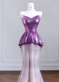 Ndyad Strapless Pink and Purple Mermaid Long Prom Dresses Elegant Evening Gowns HZ1024