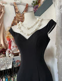 Ndyad Black V-Neck Satin Mermaid Long Prom Dresses Formal Evening Gowns HZ1024