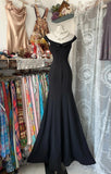 Ndyad Black V-Neck Satin Mermaid Long Prom Dresses Formal Evening Gowns HZ1024