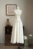 Ndyad Off-White Spaghetti Strap A-Line Satin Embroidered Applique Party Dresses Sweet 16 Dress HZ1024