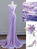 Ndyad Purple Strapless Mermaid Pleated Train Prom Dresses Formal Evening Gowns HZ1024
