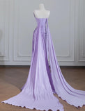 Ndyad Purple Strapless Mermaid Pleated Train Prom Dresses Formal Evening Gowns HZ1024