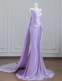 Ndyad Purple Strapless Mermaid Pleated Train Prom Dresses Formal Evening Gowns HZ1024