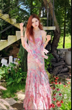 Ndyad Pink Spaghetti Straps Printed Chiffon Mermaid Prom Dresses Vintage Backless Evening Gowns HZ1024