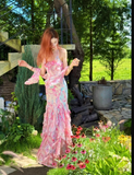 Ndyad Pink Spaghetti Straps Printed Chiffon Mermaid Prom Dresses Vintage Backless Evening Gowns HZ1024