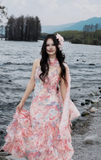Ndyad Pink Spaghetti Straps Printed Chiffon Mermaid Prom Dresses Vintage Backless Evening Gowns HZ1024