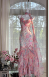 Ndyad Pink Spaghetti Straps Printed Chiffon Mermaid Prom Dresses Vintage Backless Evening Gowns HZ1024