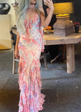 Ndyad Pink Spaghetti Straps Printed Chiffon Mermaid Prom Dresses Vintage Backless Evening Gowns HZ1024