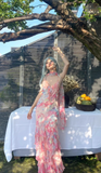 Ndyad Pink Spaghetti Straps Printed Chiffon Mermaid Prom Dresses Vintage Backless Evening Gowns HZ1024
