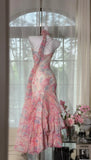 Ndyad Pink Spaghetti Straps Printed Chiffon Mermaid Prom Dresses Vintage Backless Evening Gowns HZ1024