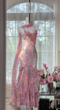 Ndyad Pink Spaghetti Straps Printed Chiffon Mermaid Prom Dresses Vintage Backless Evening Gowns HZ1024