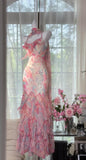 Ndyad Pink Spaghetti Straps Printed Chiffon Mermaid Prom Dresses Vintage Backless Evening Gowns HZ1024