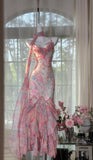 Ndyad Pink Spaghetti Straps Printed Chiffon Mermaid Prom Dresses Vintage Backless Evening Gowns HZ1024