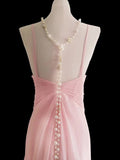 Ndyad Pink Halter Neck Chiffon Mermaid Long Prom Dresses Formal Evening Gowns HZ1024