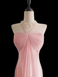 Ndyad Pink Halter Neck Chiffon Mermaid Long Prom Dresses Formal Evening Gowns HZ1024