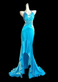 Ndyad Blue Spaghetti Straps Hi-Lo Backless Satin Beaded Prom Dresses Elegant Evening Dress HZ1024
