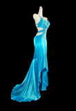 Ndyad Blue Spaghetti Straps Hi-Lo Backless Satin Beaded Prom Dresses Elegant Evening Dress HZ1024