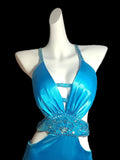 Ndyad Blue Spaghetti Straps Hi-Lo Backless Satin Beaded Prom Dresses Elegant Evening Dress HZ1024