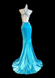 Ndyad Blue Spaghetti Straps Hi-Lo Backless Satin Beaded Prom Dresses Elegant Evening Dress HZ1024