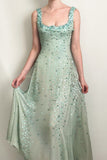 Ndyad Green Beaded Spaghetti Straps Chiffon A-Line Long Prom Dresses Sweet Evening Gowns HZ1024