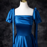 Ndyad Blue Satin Square Neck A-Line Long Prom Dresses Formal Evening Gowns HZ1024
