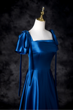 Ndyad Blue Satin Square Neck A-Line Long Prom Dresses Formal Evening Gowns HZ1024