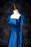 Ndyad Blue Satin Square Neck A-Line Long Prom Dresses Formal Evening Gowns HZ1024