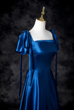 Ndyad Blue Satin Square Neck A-Line Long Prom Dresses Formal Evening Gowns HZ1024