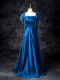 Ndyad Blue Satin Square Neck A-Line Long Prom Dresses Formal Evening Gowns HZ1024