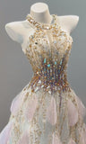 Ndyad Halter Neck A-Line Sparkling Rhinestone Tulle Long Prom Dresses Formal Evening Gowns HZ1024
