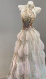 Ndyad Halter Neck A-Line Sparkling Rhinestone Tulle Long Prom Dresses Formal Evening Gowns HZ1024