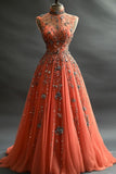 Ndyad Deep Peach Half-Mount Neck Tulle Rhinestone A-Line Long Prom Dresses Formal Wedding Dress HZ1024