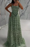 Ndyad Green Tulle Beading Square Neck A-Line Long Prom Dresses Sweet 16 Evening Gowns HZ1024