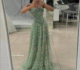 Ndyad Green Tulle Beading Square Neck A-Line Long Prom Dresses Sweet 16 Evening Gowns HZ1024