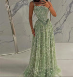Ndyad Green Tulle Beading Square Neck A-Line Long Prom Dresses Sweet 16 Evening Gowns HZ1024