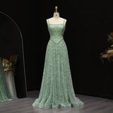 Ndyad Green Tulle Beading Square Neck A-Line Long Prom Dresses Sweet 16 Evening Gowns HZ1024