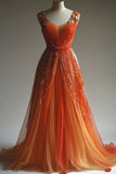 Ndyad Orange V-Neck Tulle A-Line Sequins Long Prom Dresses Unique Evening Gowns HZ1024