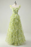 Ndyad Light Sage Green Square Neck Printed Chiffon A-Line Long Prom Dresses Birthday Evening Gowns HZ1024